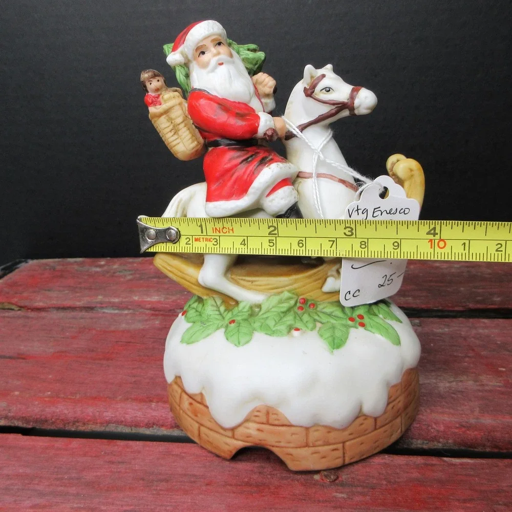 Vtg Enesco Santa Claus on Rocking Horse Music Box 
